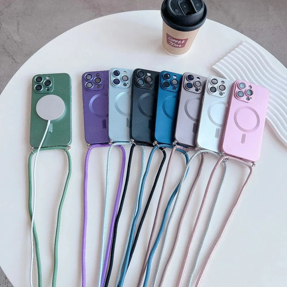 【ワイヤレス充電対応シリーズ】マットメタル ストラップ付きシンプルデザイン スマホケース|iPhone対応 #251106