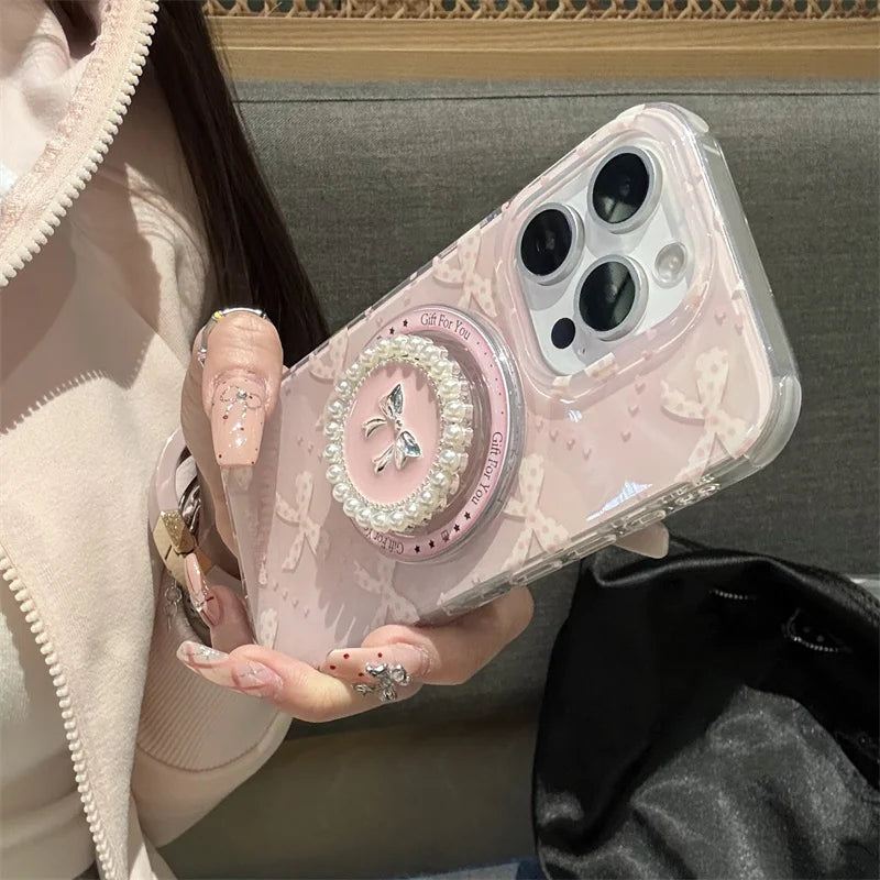 【リボンパールグリップ】ガーリ ピンクハート ケース|iPhone対応 #250724