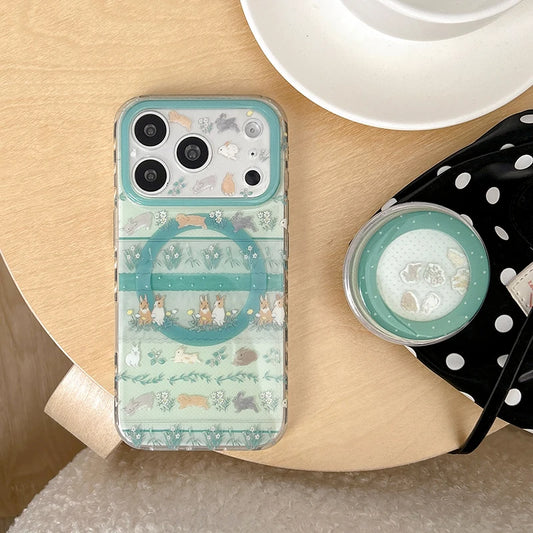 うさぎガーデン Magnet内蔵グリップ付き iPhoneケース|淡色・ナチュラルラビット #231128