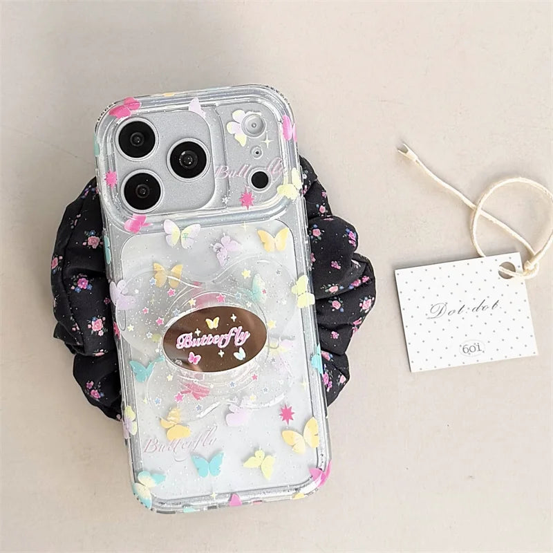 カラフルバタフライ きらめきクリア グリップ付き iPhoneケース|淡色フェアリー #260009