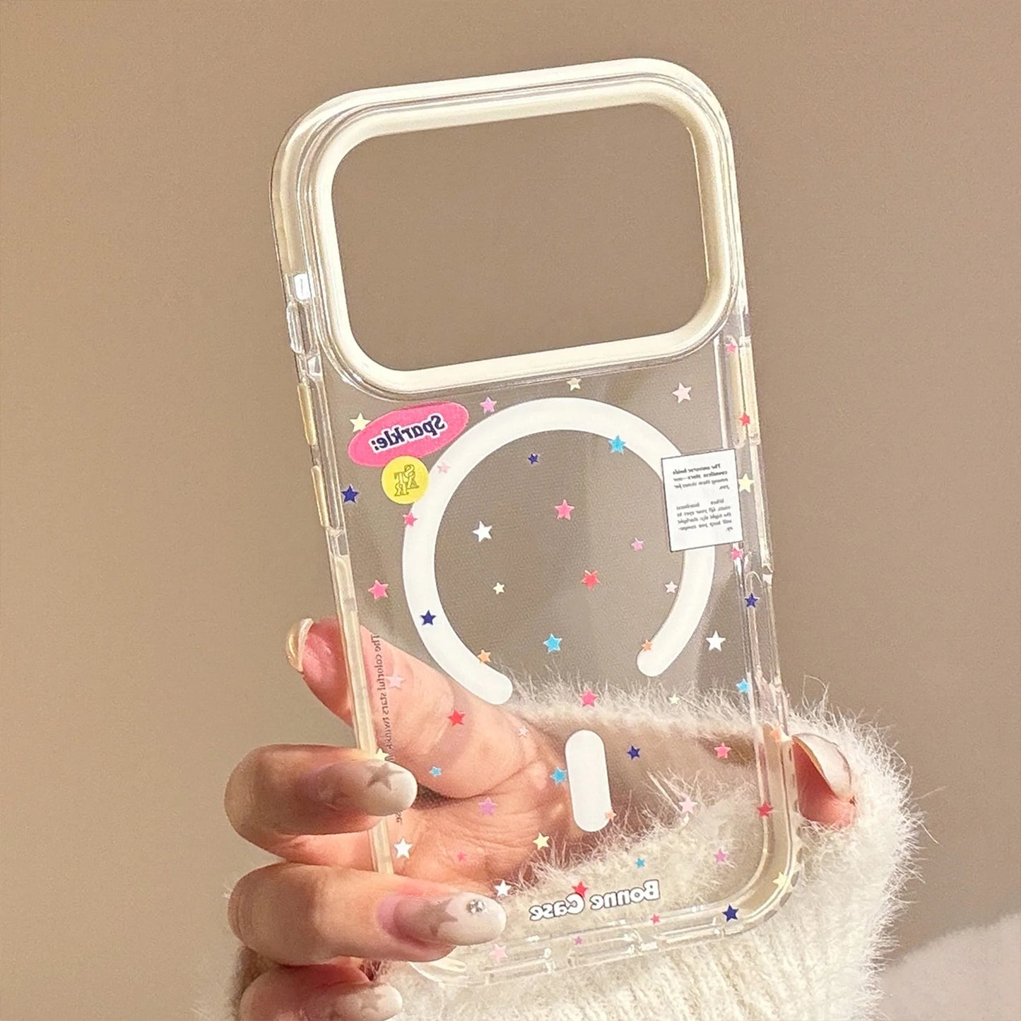 【マグネット式折りたたみハートスタンド付き】クリア カラフルスター ピンクハート スタンド スマホケース|iPhone対応 #240630