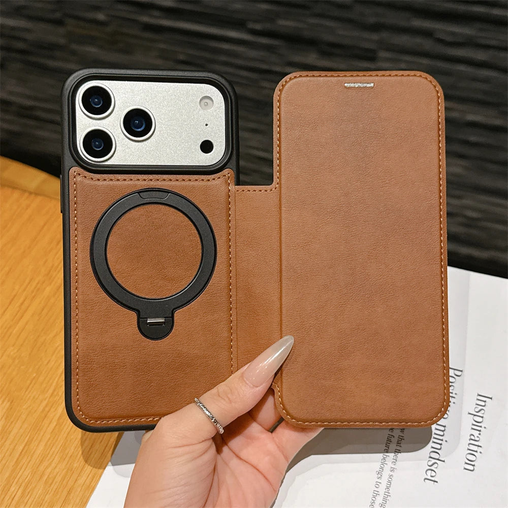 レザー調 リングフリップ iPhoneケース|折りたたみ 手帳型 #240311