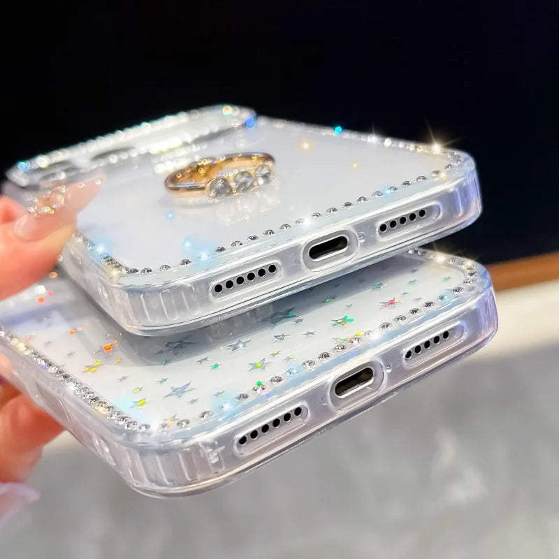 【グリッターシリーズ】輝くホログラムスター キラキラストーン付き リング付きスマホケース|iPhone対応 #251010