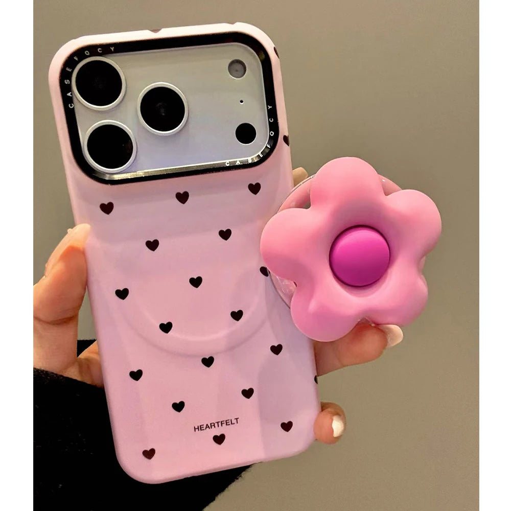 【フラワーハートグリップ】ハートドット×立体フラワーグリップ スマホケース|iPhone対応 #250330