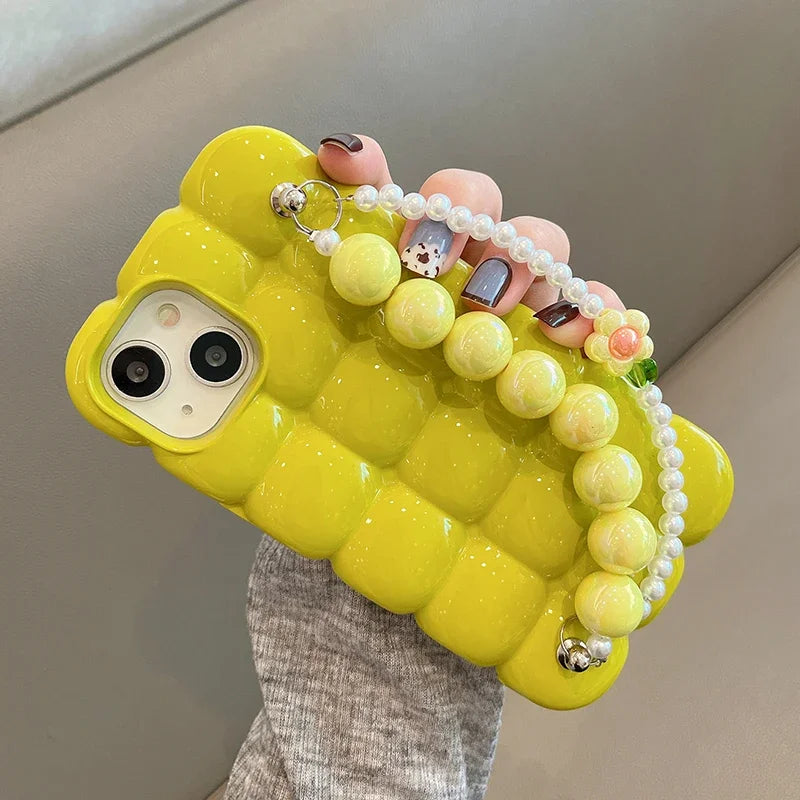 【ぽこぽこシリーズ】3D立体キューブデザイン ビーズストラップ付き スマホケース|iPhone対応 #251027