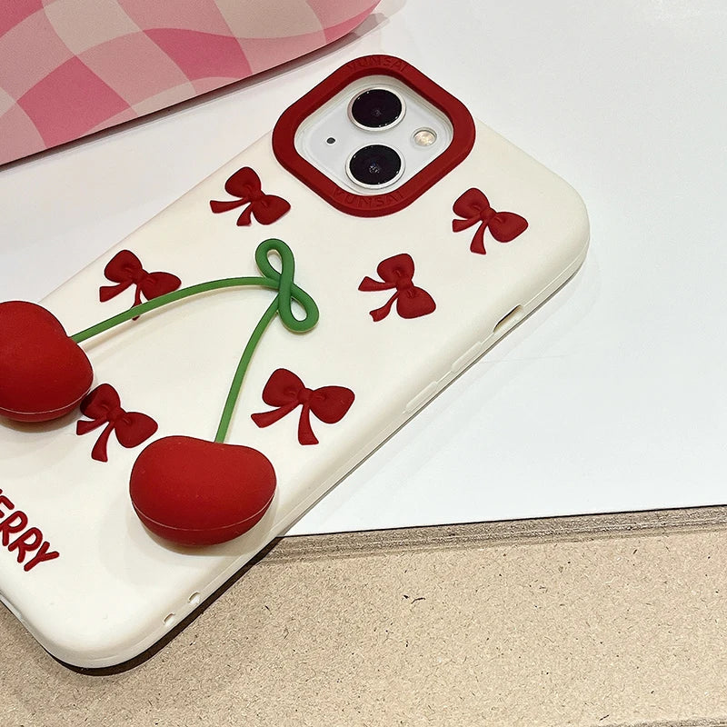 【フルーツシリーズ】立体さくらんぼ&リボンデザイン スマホケース|iPhone対応 #250827
