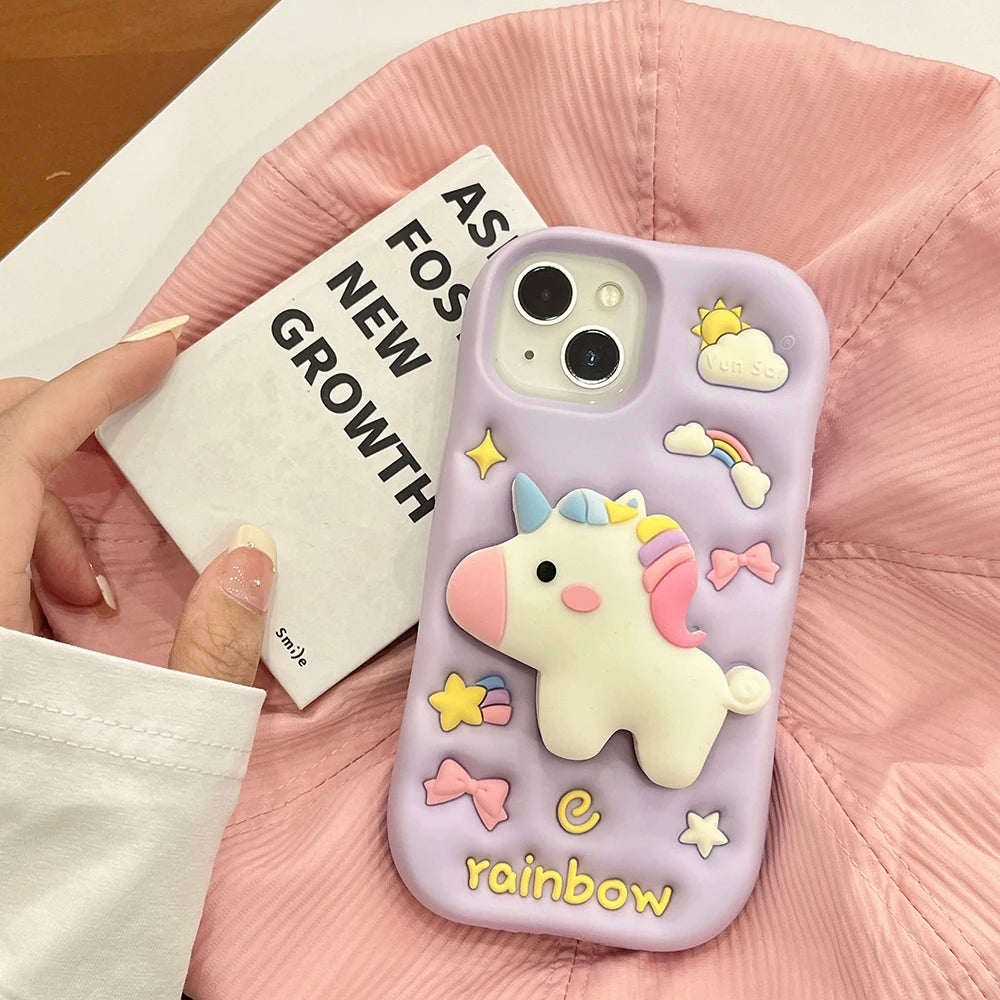 【アニマルシリーズ】立体レインボーユニコーン かわいい3Dデザイン スマホケース|iPhone対応 #251006