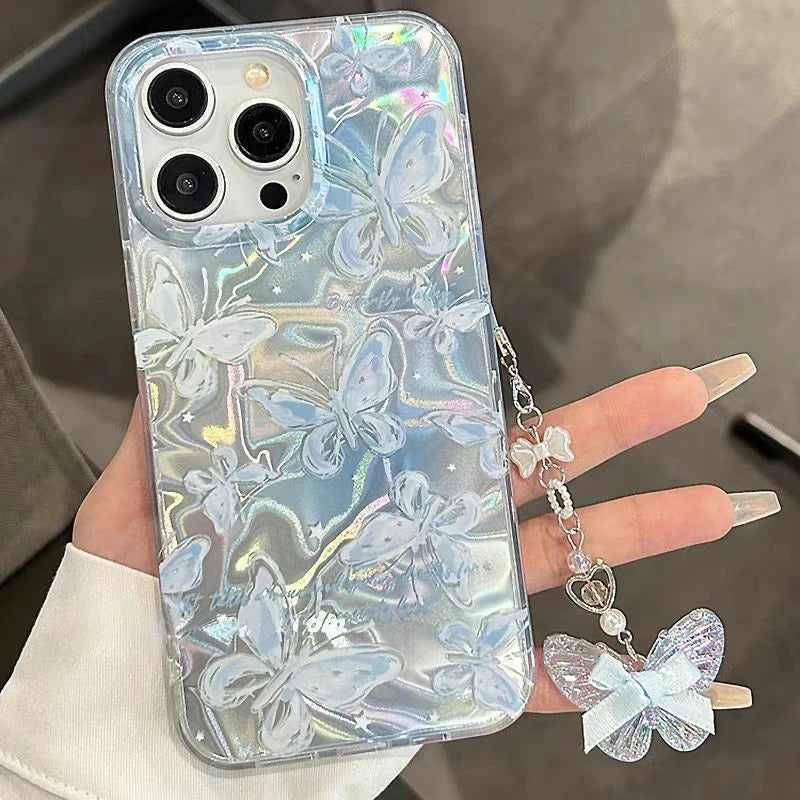 【ホログラムバタフライチャーム】3Dバタフライ×きらきらチャーム スマホケース|iPhone対応 #250608