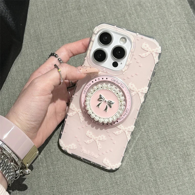 【リボンパールグリップ】ガーリ ピンクハート ケース|iPhone対応 #250724