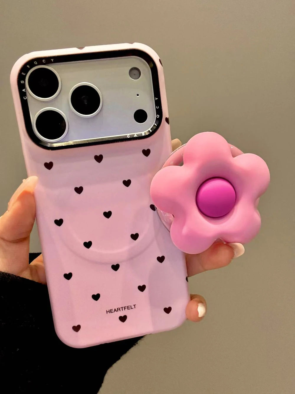 【フラワーハートグリップ】ハートドット×立体フラワーグリップ スマホケース|iPhone対応 #250330