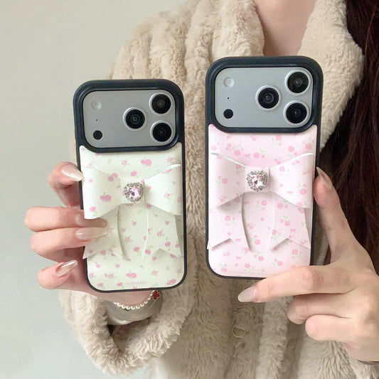 【立体リボン】ハートビジュー フラワー ソフトレザー調 小花柄 iPhoneケース #260208