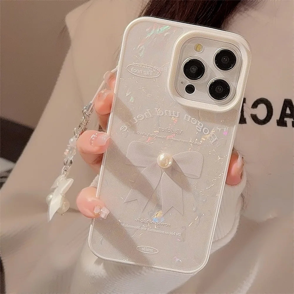 【パール×リボンチャーム】艶めく ホワイト シェル風ケース|iPhone対応 #250525