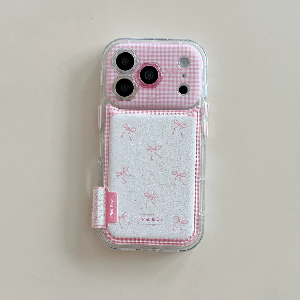 【ピンクギンガムチェック】リボン柄 折りたたみ式ホルダー付き スマホケース|iPhone対応 #240622