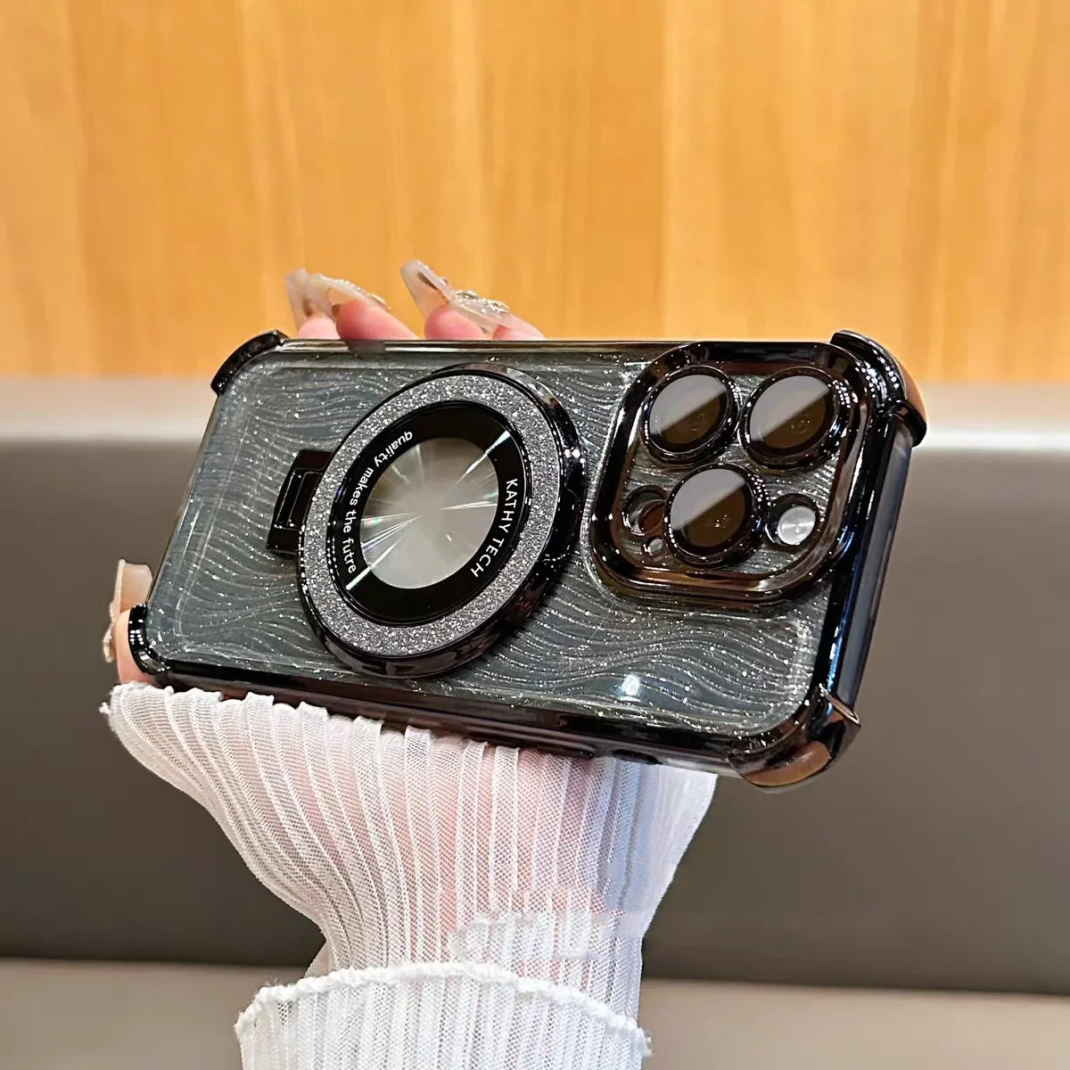 【Magsafe対応】高級感 ゴールド×ラメ リング付き iPhoneケース|耐衝撃・スタンド機能・キラキラデザイン|iPhone対応 #250407