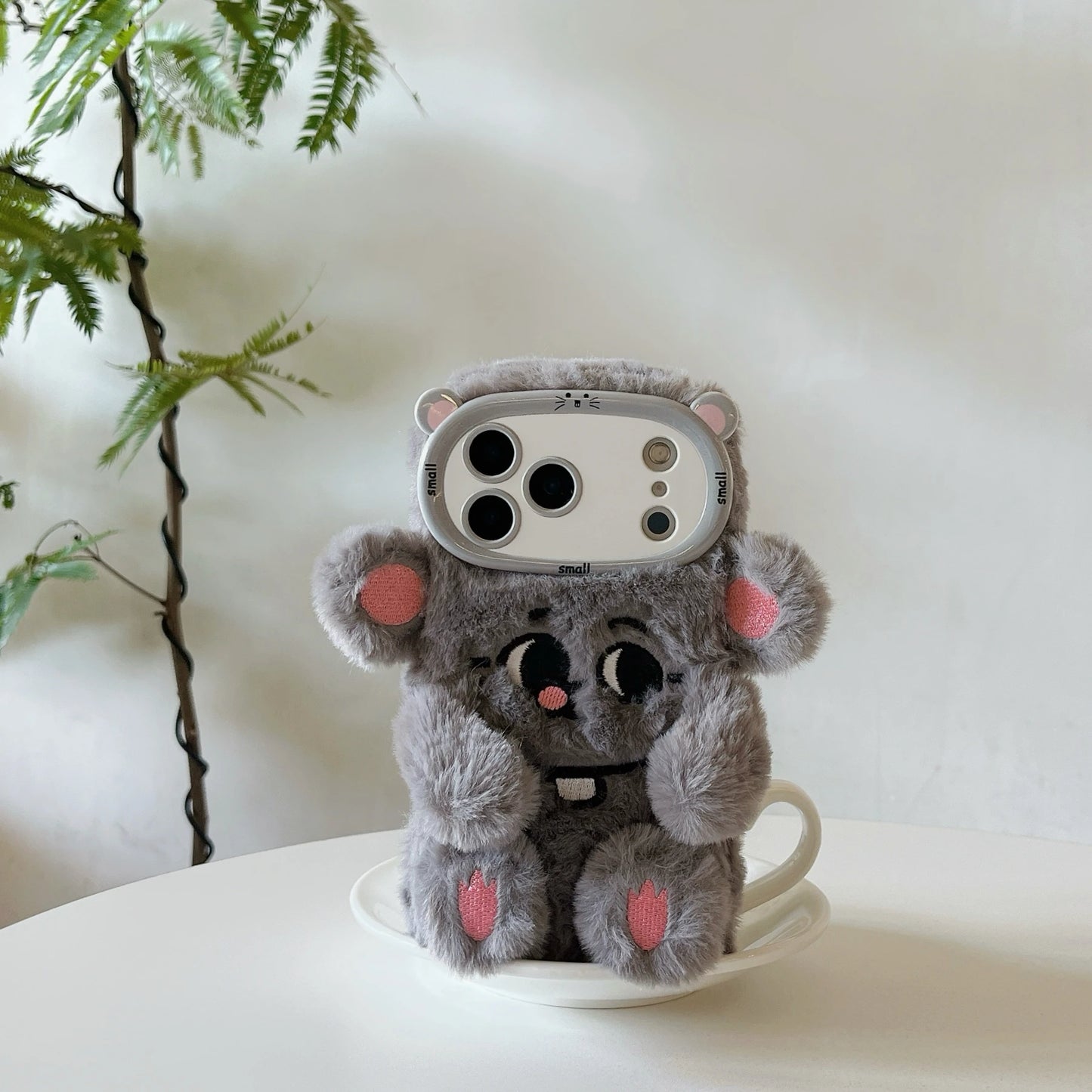 【アニマルフェイスシリーズ】グレーマウス スマホケース|ふわもこ立体デザイン × キュートな耳付き|iPhone対応 #241130