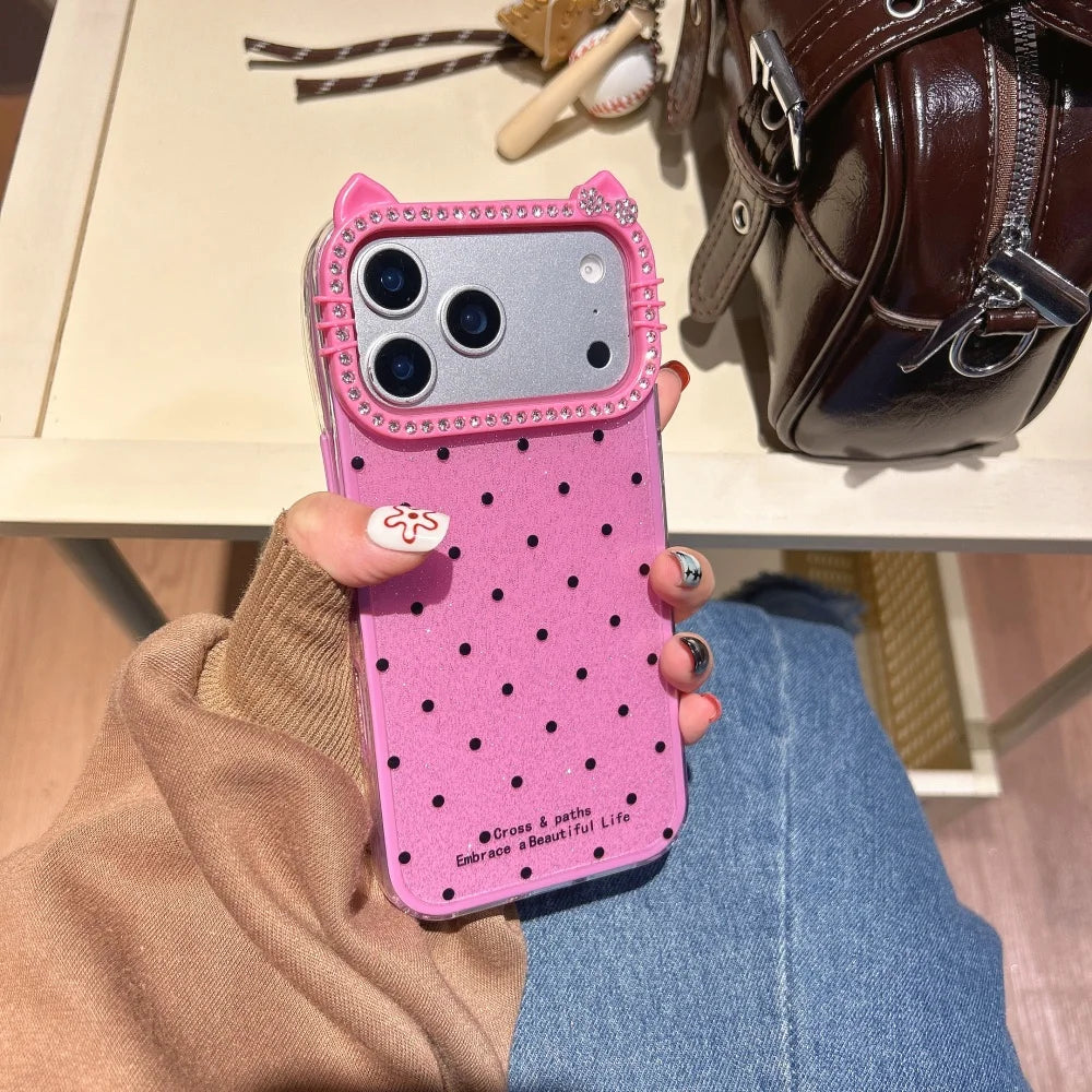 【ドットラメシリーズ】キラキラ × 猫耳デザイン 水玉 スマホケース|iPhone対応 #240914