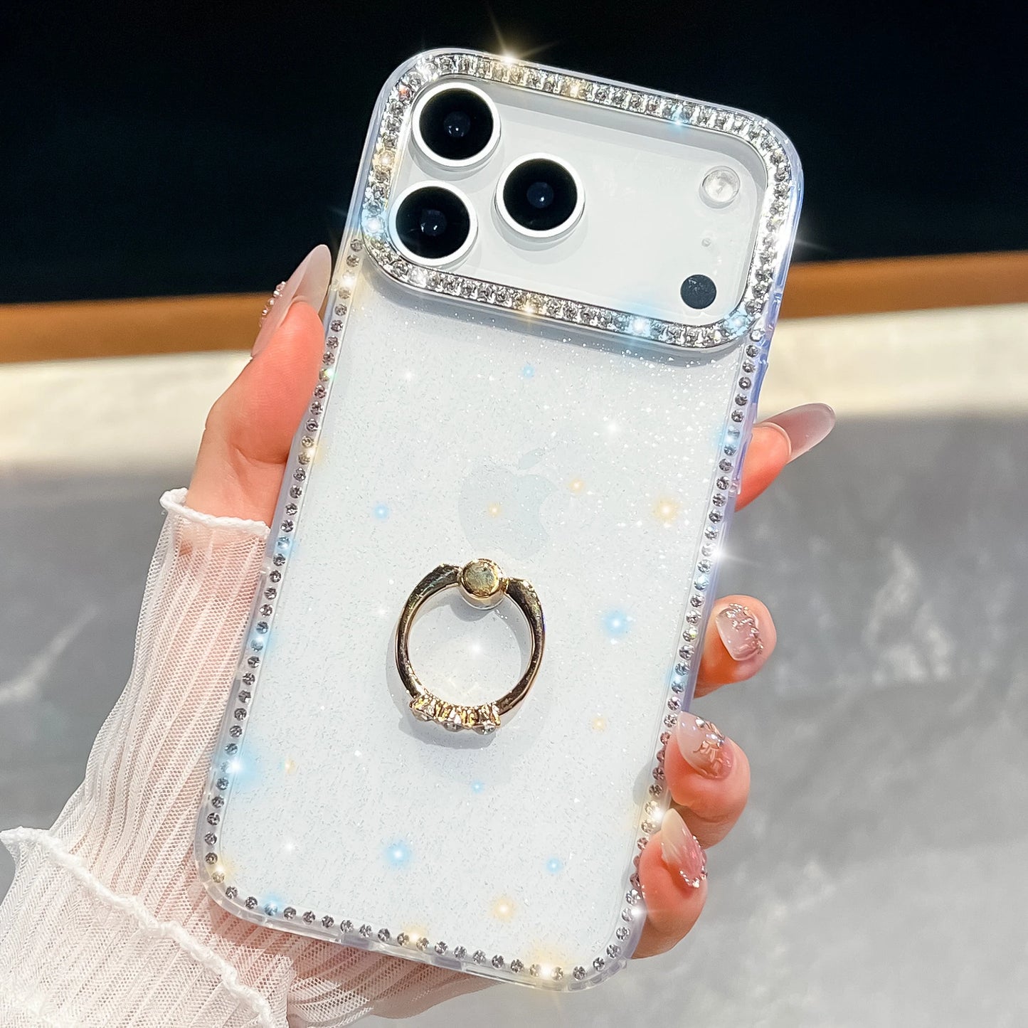 【グリッターシリーズ】輝くホログラムスター キラキラストーン付き リング付きスマホケース|iPhone対応 #251010