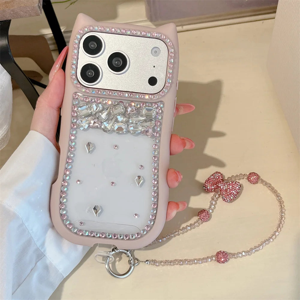 猫耳シリーズ キラキラ リボン ビジューストラップ付き カラーフレーム クリア iPhoneケース #230721