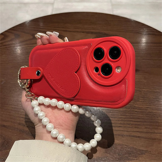 【ビッグハート】レザー調 パールストラップ付き スマホケース|iPhone対応 #260205