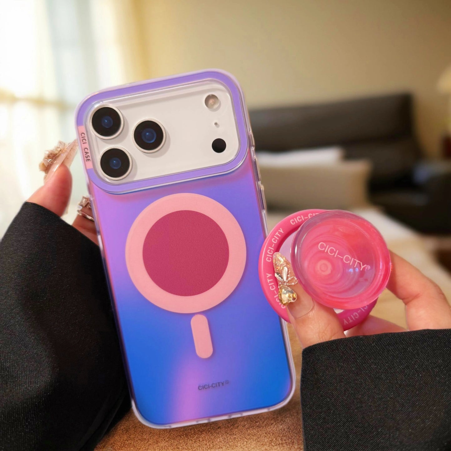 【MagSafe対応】ネオン グラデーションカラー TPU 耐衝撃 おしゃれ ビビッドカラー ポップソケット付き スマホケース|iPhone対応 #251230