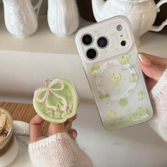 リボン グリーンアップル Magnet内蔵 りんごグリップ付き クリア iPhoneケース #231126