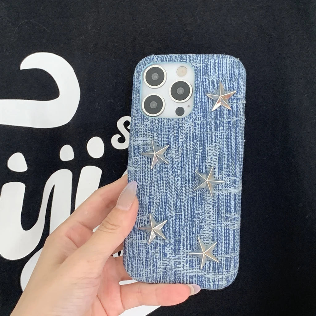 【立体スタースタッズ】デニム風 スマホケース|iPhone対応 #250731