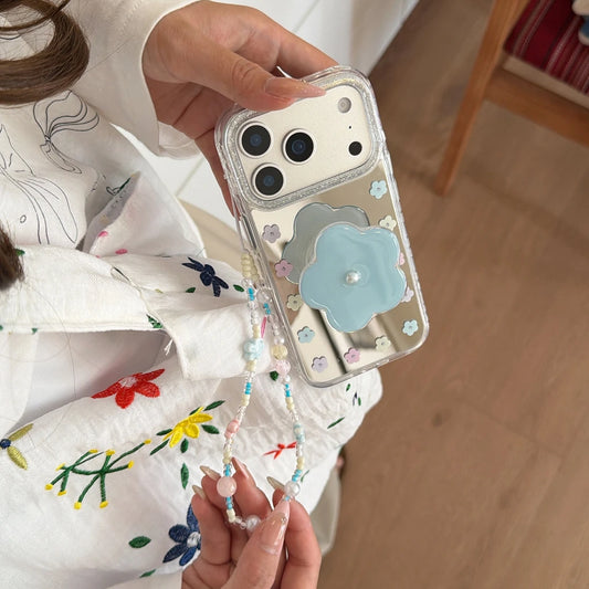 カラフルフラワー&ビーズストラップ グリップ付き iPhoneケース|ミラーデザイン・韓国風 #231208