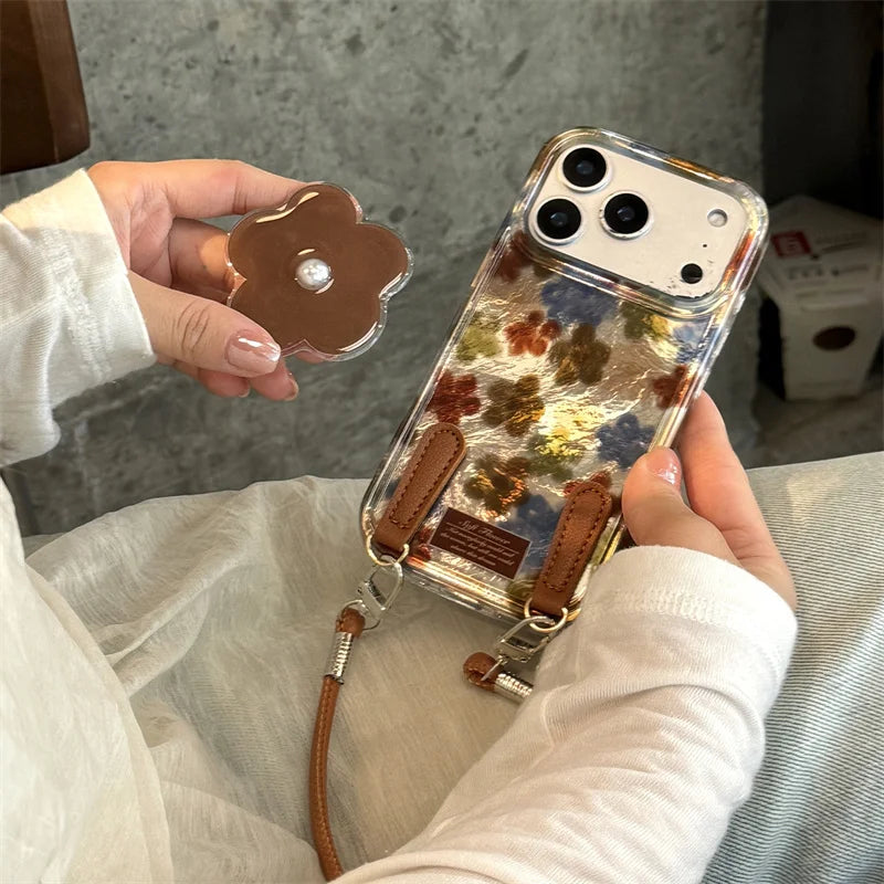 【フラワーパールスタンド】マーブル調×花柄 レザーチャーム付き スマホケース|iPhone対応 #250312