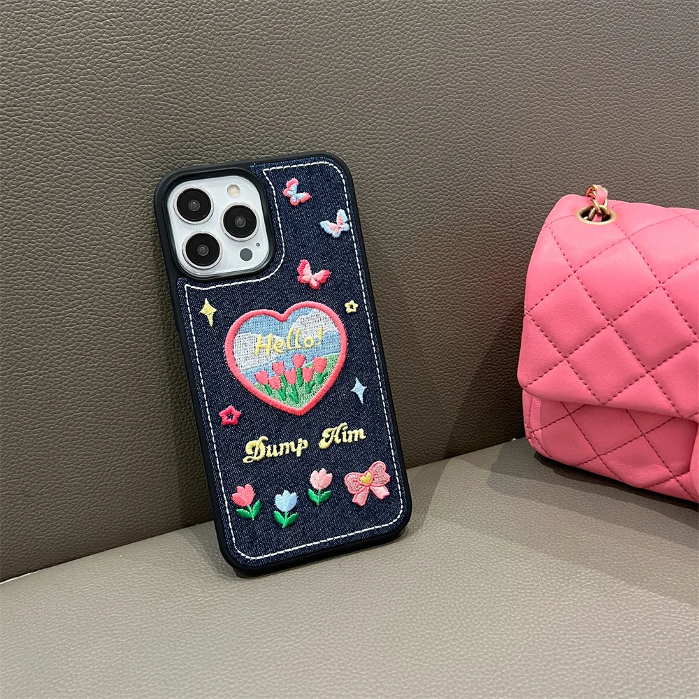【デニム刺繍デザインスマホケース】ハート&バタフライ|iPhone対応 #250811