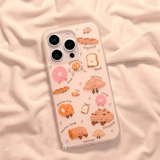 【ベーカリーモチーフ】食パン クロワッサン フランスパン イラスト プレッツェル 立体グリップ付き iPhoneケース #240608