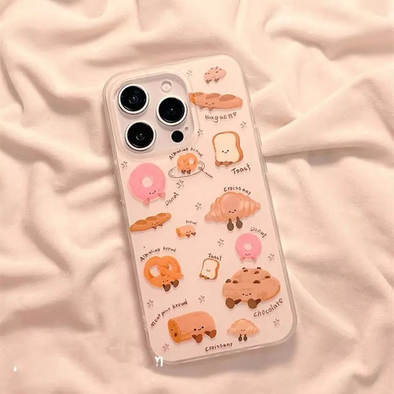 【ベーカリーモチーフ】食パン クロワッサン フランスパン イラスト プレッツェル 立体グリップ付き iPhoneケース #240608