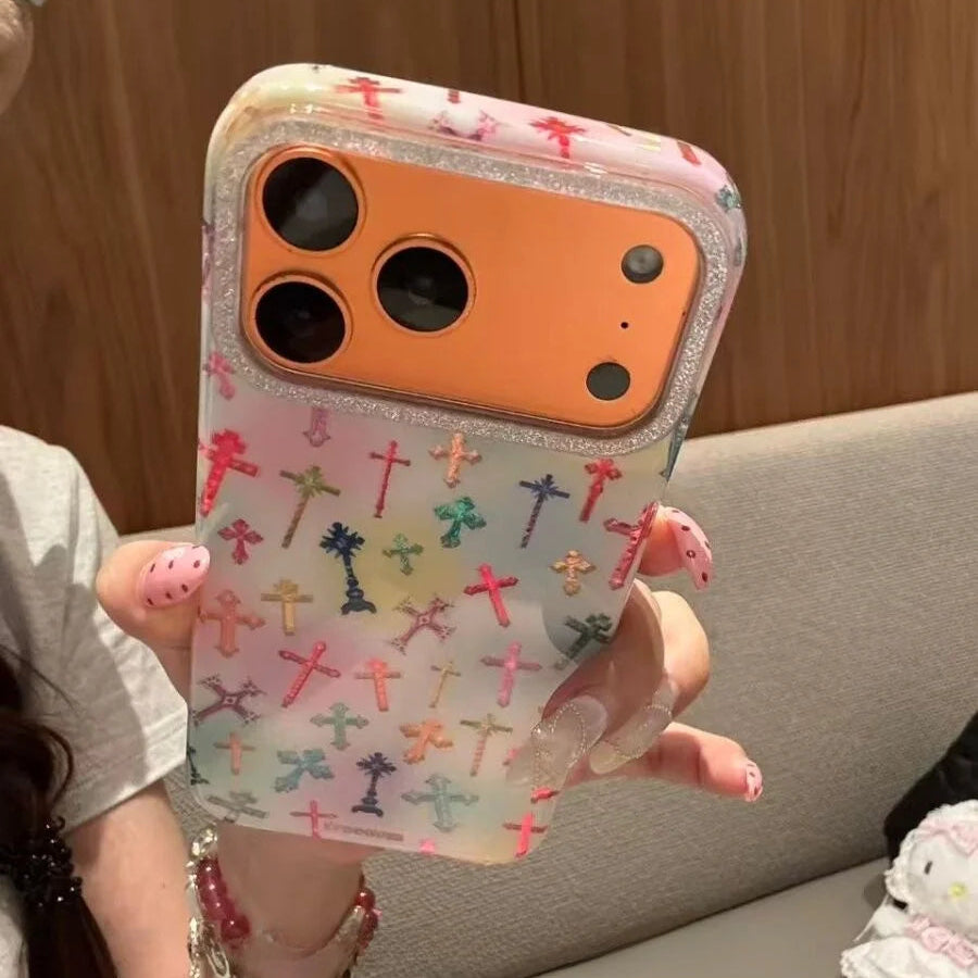 【カラフルクロス】グラデーションクリア×クロス柄 スマホケース|iPhone対応 #240731