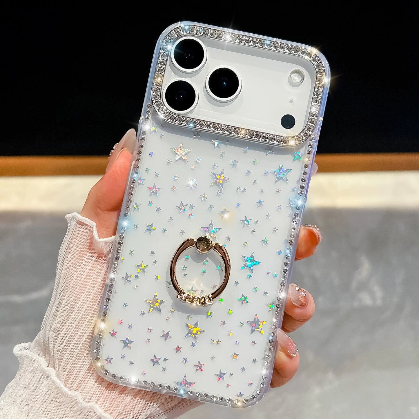 【グリッターシリーズ】輝くホログラムスター キラキラストーン付き リング付きスマホケース|iPhone対応 #251010