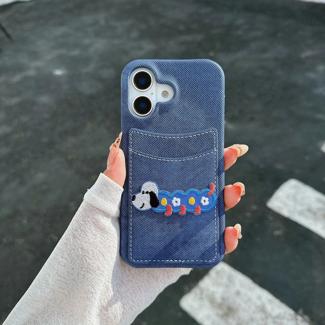 【デニムドッグシリーズ】刺繍ポケット スマホケース|デニム生地×立体わんこデザイン|iPhone対応 #241208