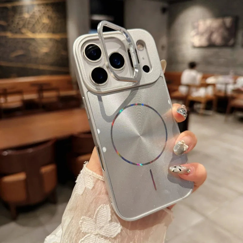 【Magsafe対応】メタリックリングシールド × レインボー光沢 スマホケース|iPhone対応 #250314