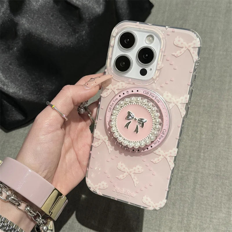 【リボンパールグリップ】ガーリ ピンクハート ケース|iPhone対応 #250724