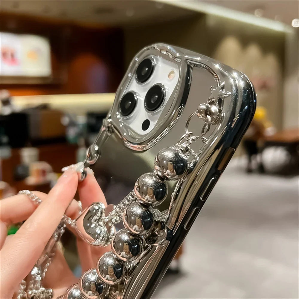 【メタリック×ミラー】ビーズハートチャーム付きスマホケース|iPhone対応 #250729