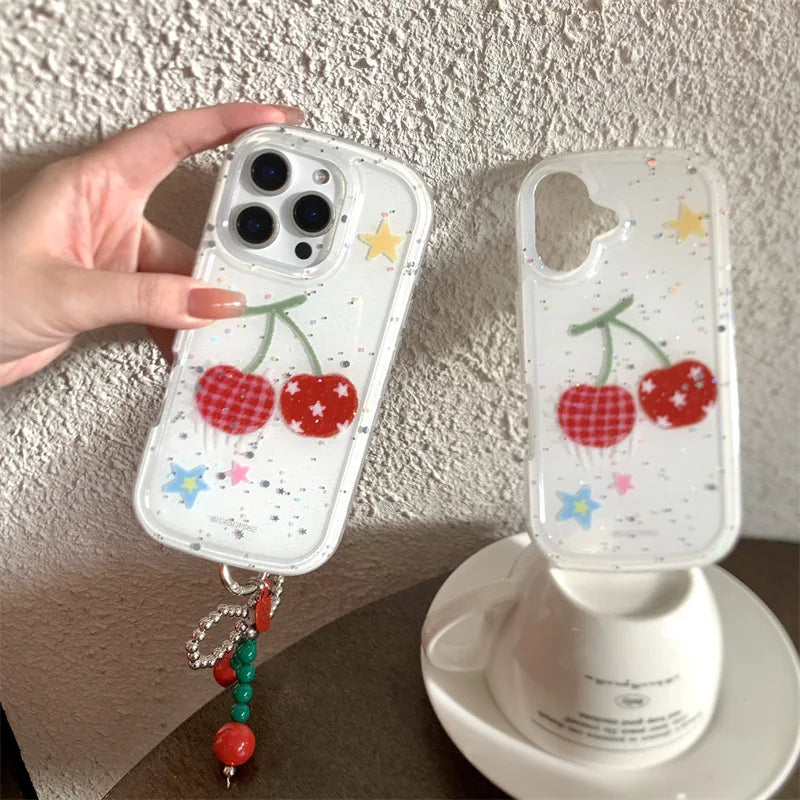 【フルーツシリーズ】赤チェック&星柄チェリー ポップデザイン クリアスマホケース|iPhone対応 #251008