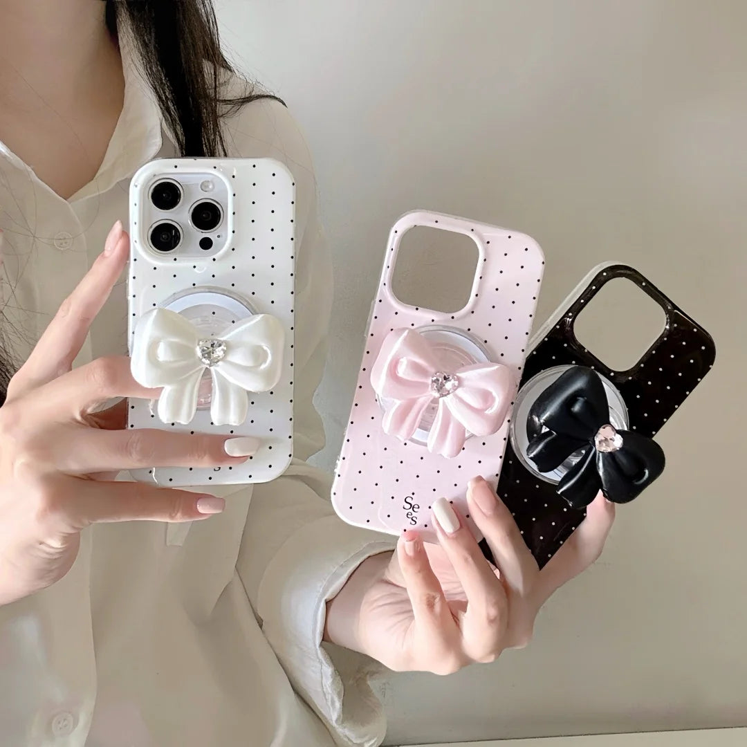 Magnet内蔵】ドット × 3D リボングリップ ガーリー スマホケース Magnet内蔵】ドット × 3D リボングリップ ガーリー スマホケース