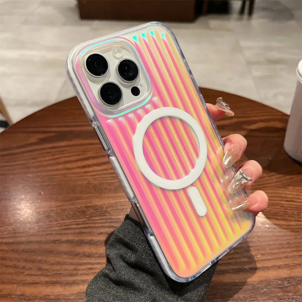 【ワイヤレス充電対応シリーズ】オーロラグラデーション 光沢リブ加工 スマホケース|iPhone対応 #250831