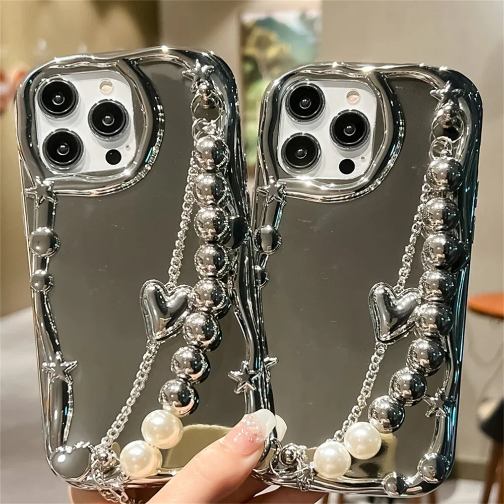 【メタリック×ミラー】ビーズハートチャーム付きスマホケース|iPhone対応 #250729