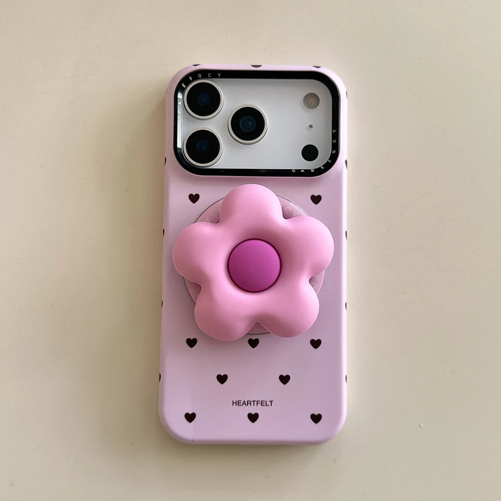 【フラワーハートグリップ】ハートドット×立体フラワーグリップ スマホケース|iPhone対応 #250330