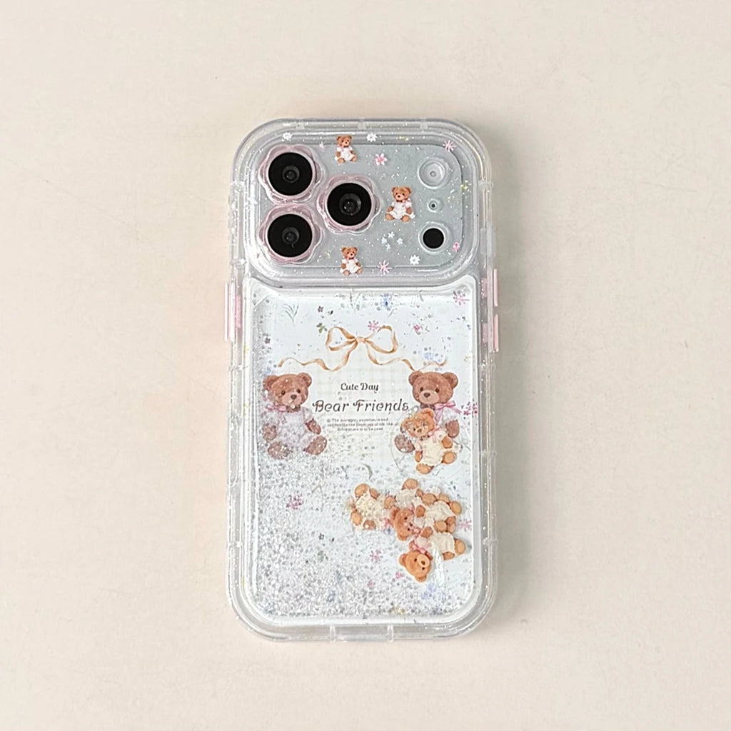 くま フラワー 流れるラメ iPhoneケース|透明感クリア・ゆめかわデザイン #260040