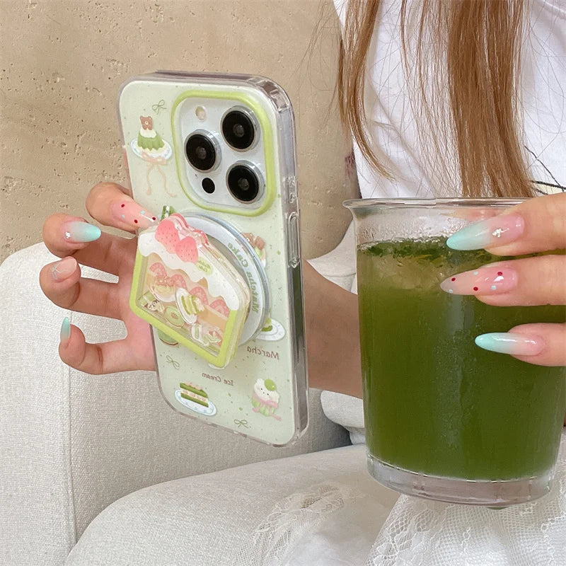 【抹茶×いちごケーキ】ホルダー付き スイーツ スマホケース|iPhone対応 #250725