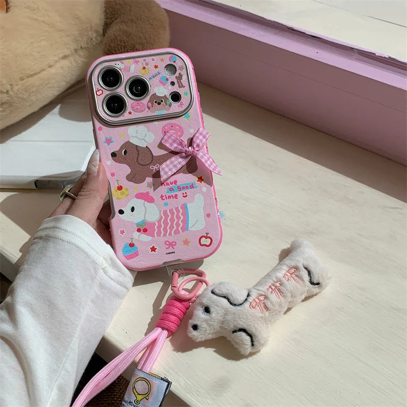 【スウィートダックス】チェックリボン×ドッグデザイン ストラップ付き スマホケース|iPhone対応 #241228