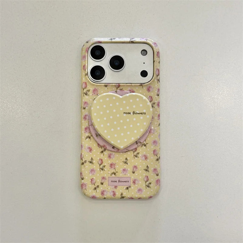 ハートグリップ イエロー花柄 Magnet内蔵 iPhoneケース|淡色レトロ・大人かわいい #260027
