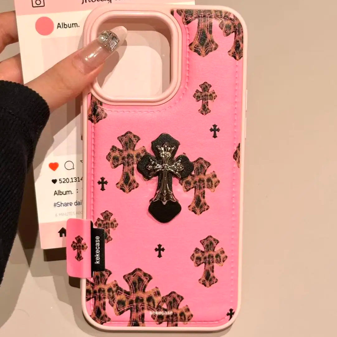 【レオパードクロス 】ヒョウ柄 十字架 × マットピンク スマホケース|iPhone対応 #240729