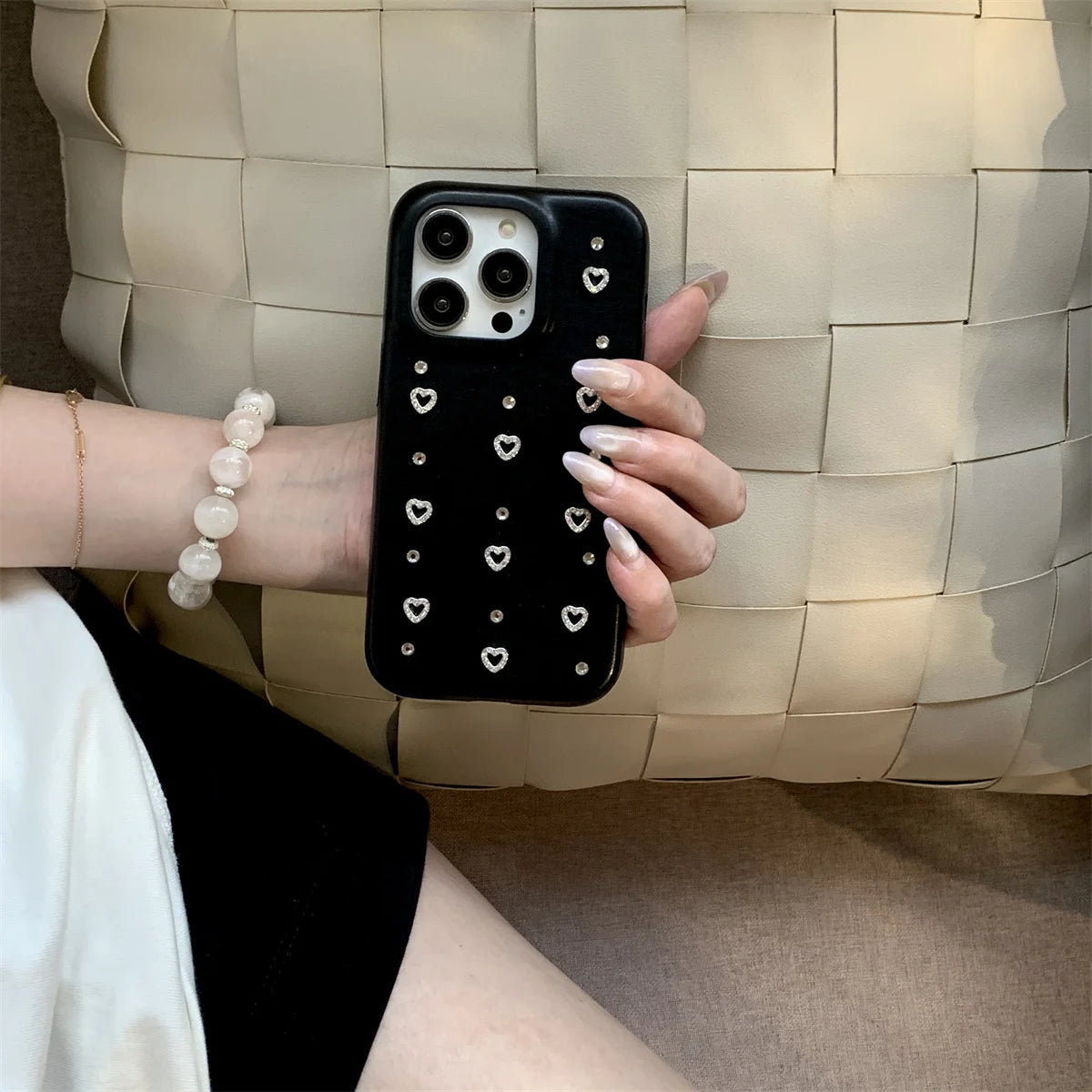 【立体パールフラワー】ジュエリー ハート スマホケース|iPhone対応 #250808