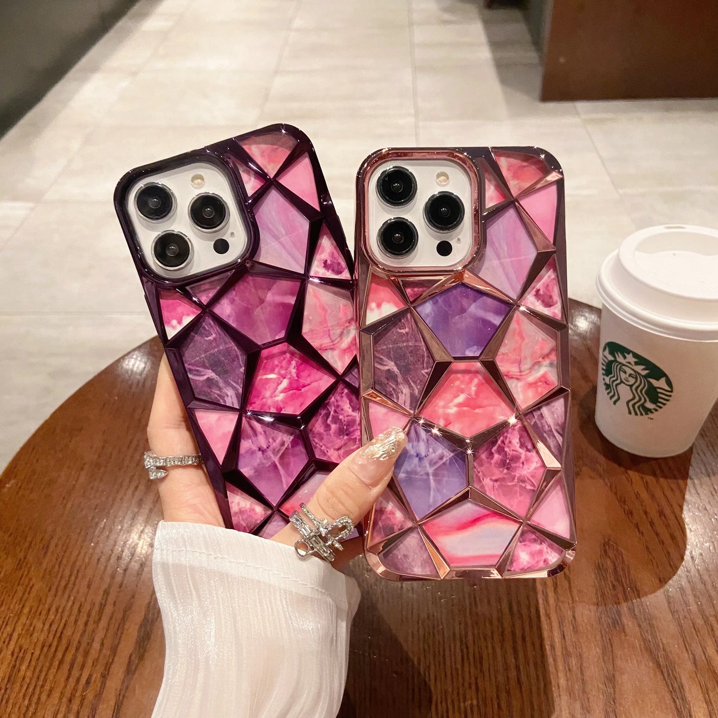 【ジェムカットアート】立体ジオメトリック × マーブルパネルデザイン スマホケース|iPhone対応 #250603