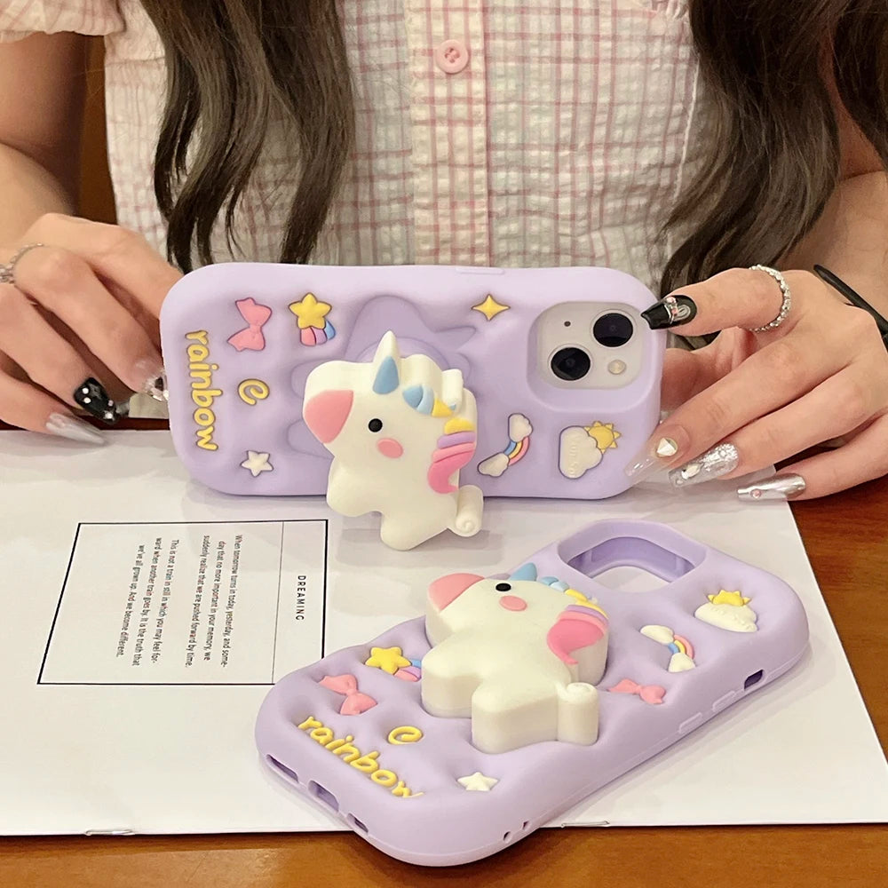 【アニマルシリーズ】立体レインボーユニコーン かわいい3Dデザイン スマホケース|iPhone対応 #251006